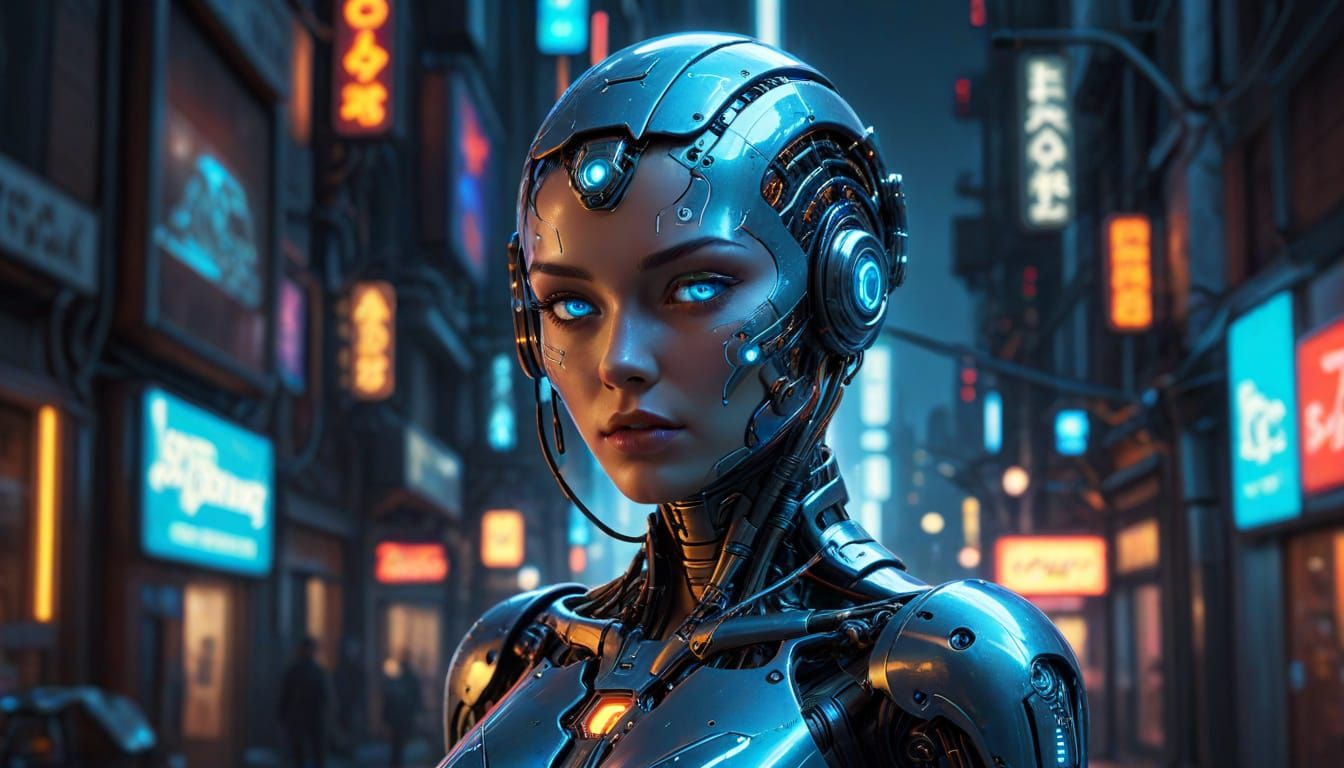 Gynoid Cyborg in Cyberpunk Neon Cityscape