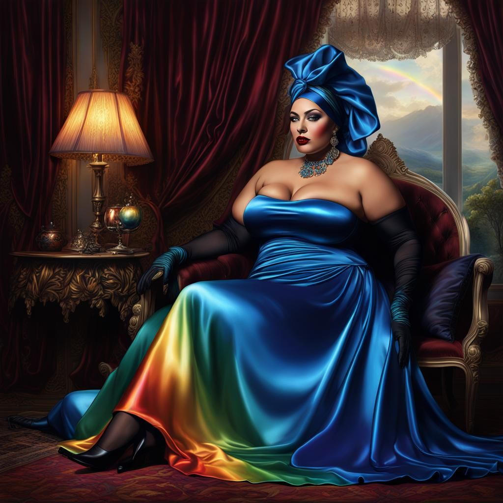 Big Beautiful Woman in Rainbow Satin, Detailed Matte Paintin...