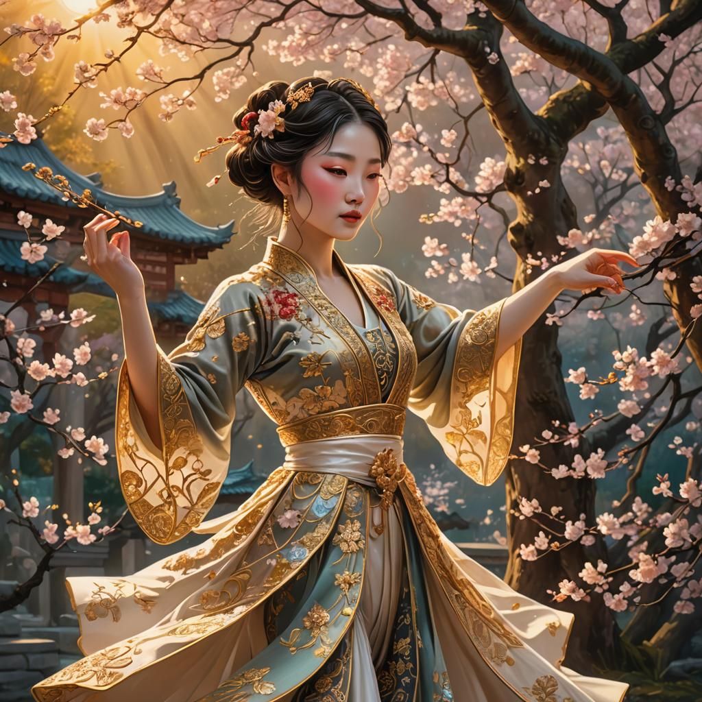 Elegant Dancer Mei in Ethereal Outdoor Illustration