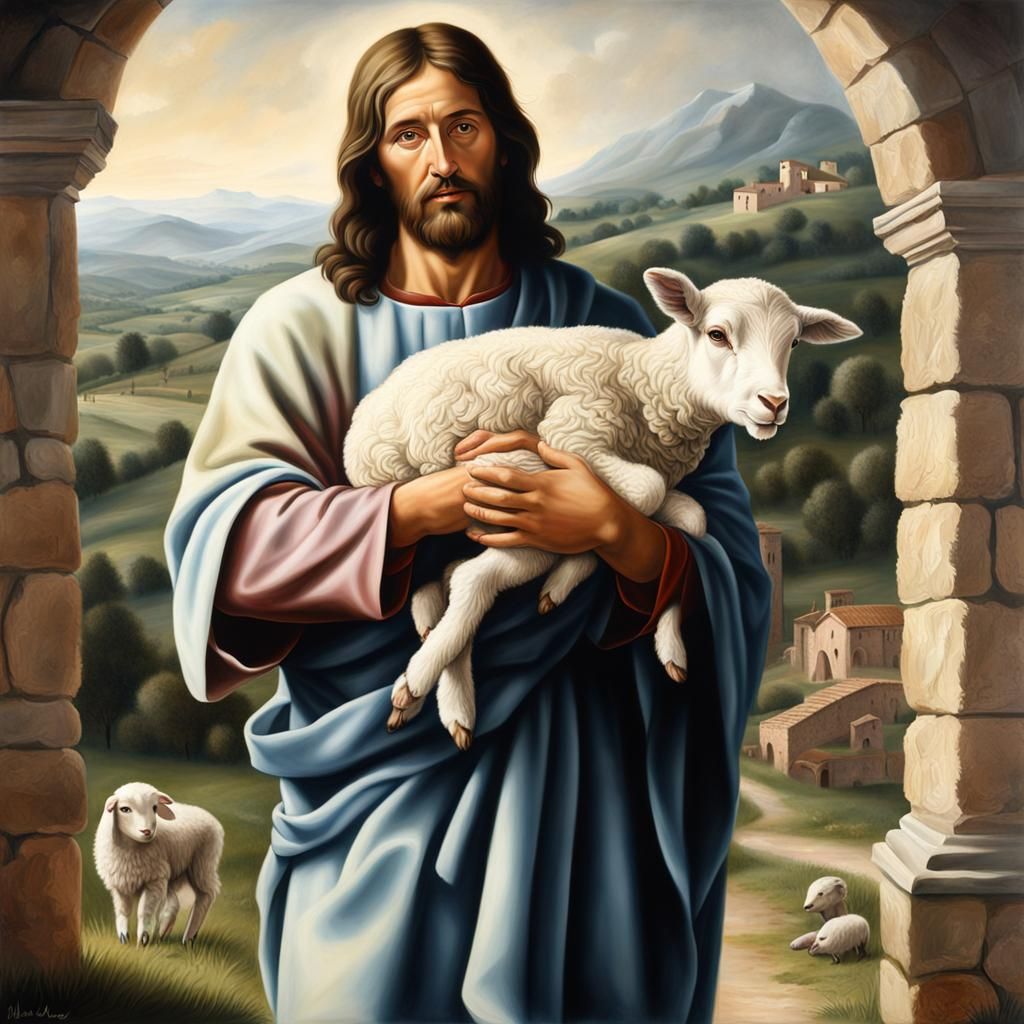 Jesus Christ with Lamb, Photorealistic Painting