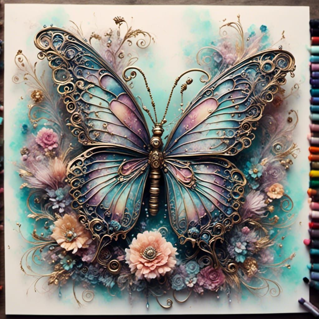 Pastel Steampunk Butterfly on Glass Flower