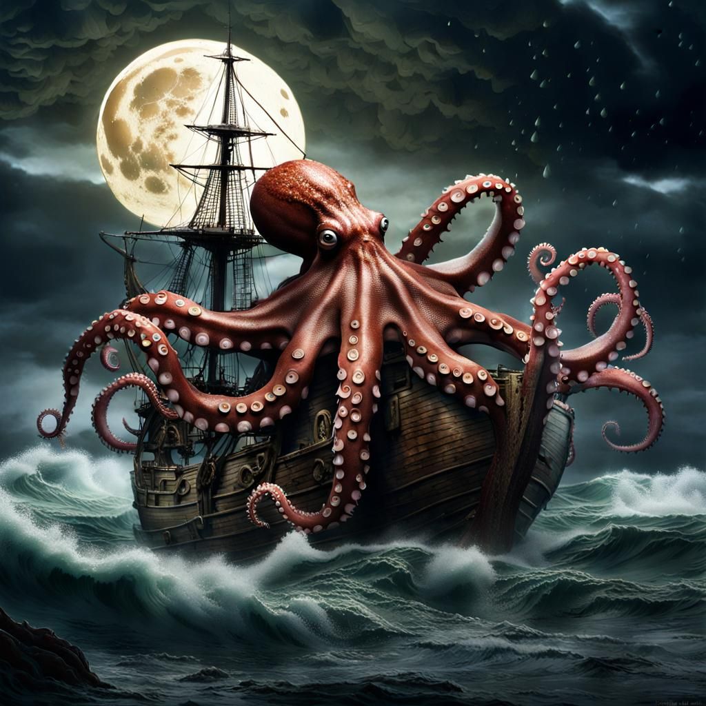 Giant Octopus Attacks Ship in Stormy Night