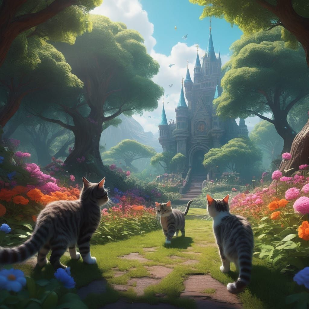 Whimsical Kittens in a Vibrant Fantasy Garden