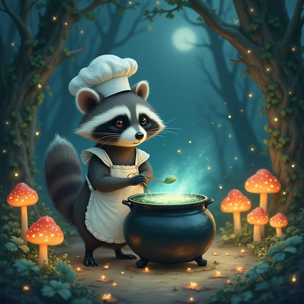 Raccoon Chef Brews Enchanted Soup in Moonlit Forest