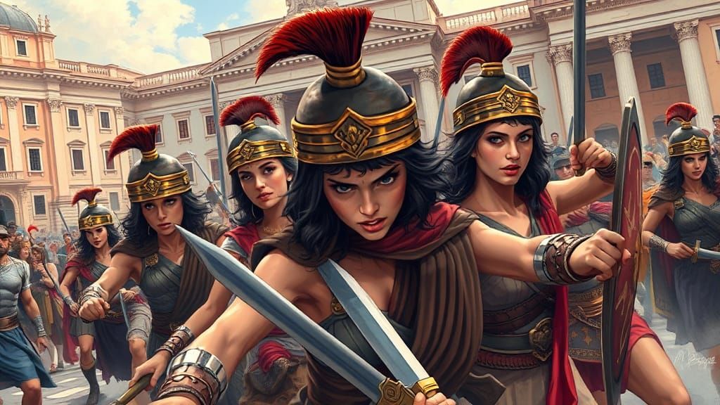 Roman Warriors Abducting Sabine Women: Comic Book Style