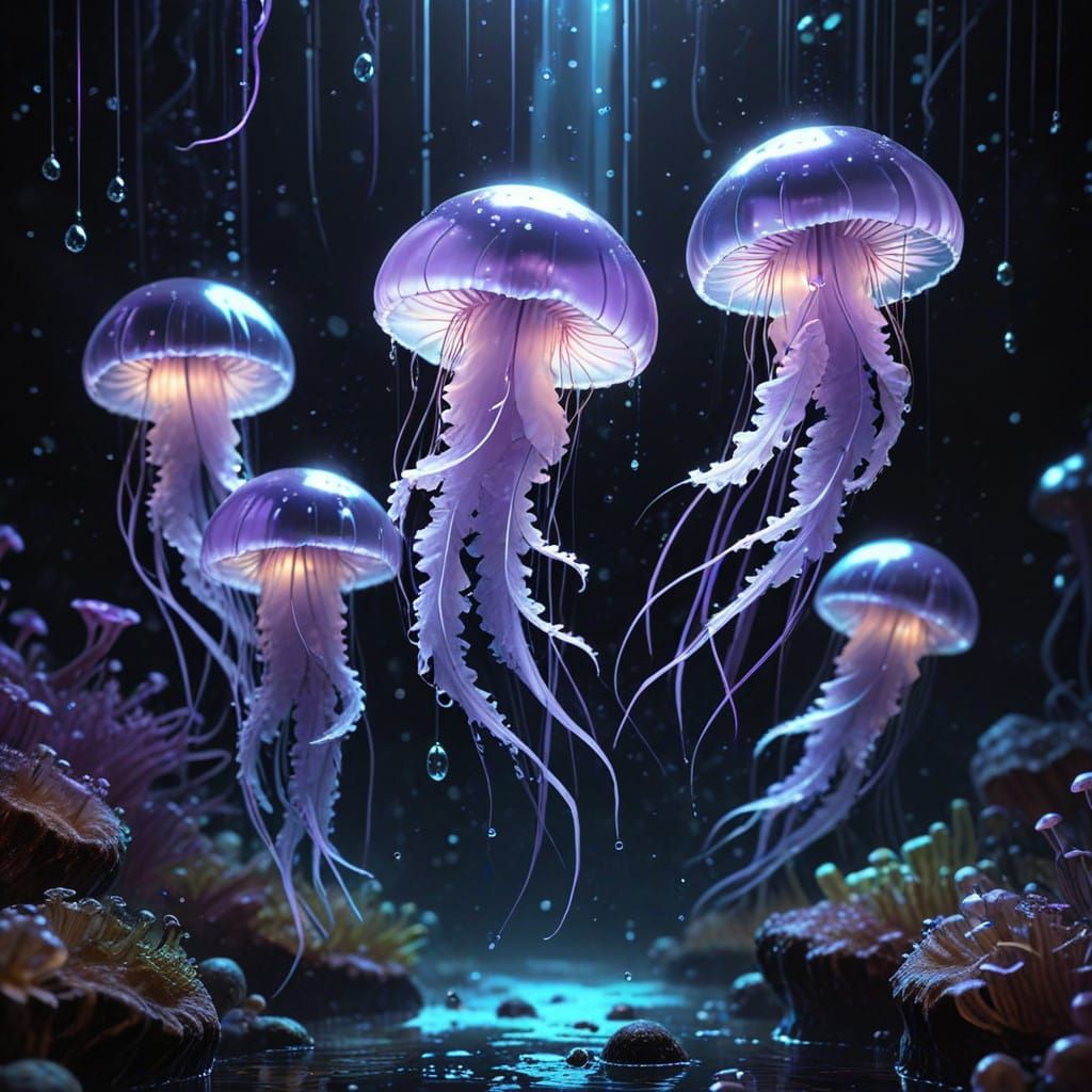 Purple Jellyfishes Emerge from Dark Depths