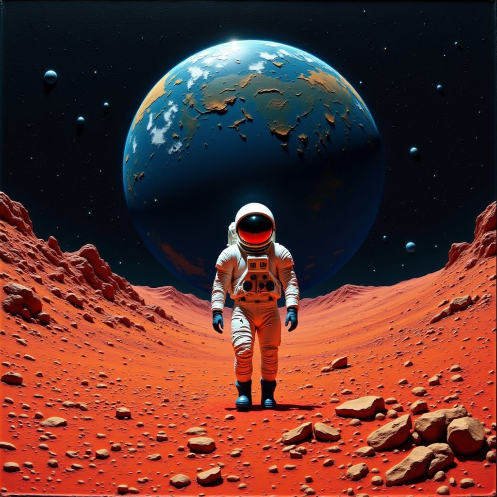 Astronaut on Mars with Earth in Space - Hyperrealistic Digit...
