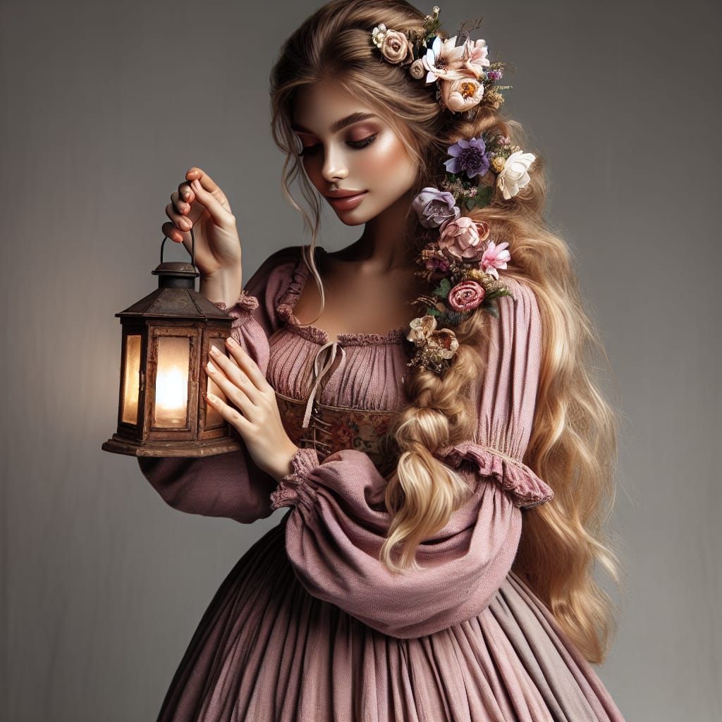 Peasant Woman with Flowered Braid Holding Lantern