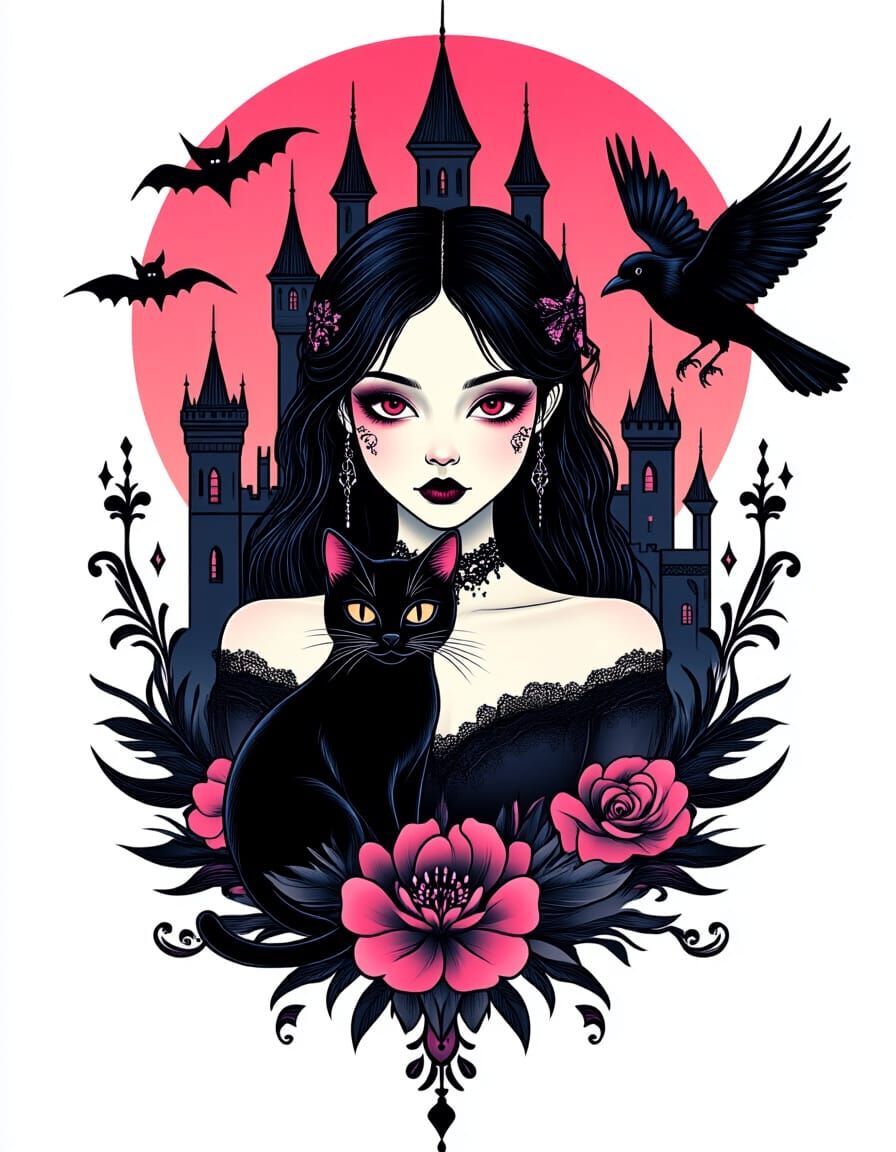 Gothic Tattoo Sheet with Cat, Castle, and Crow Stickers