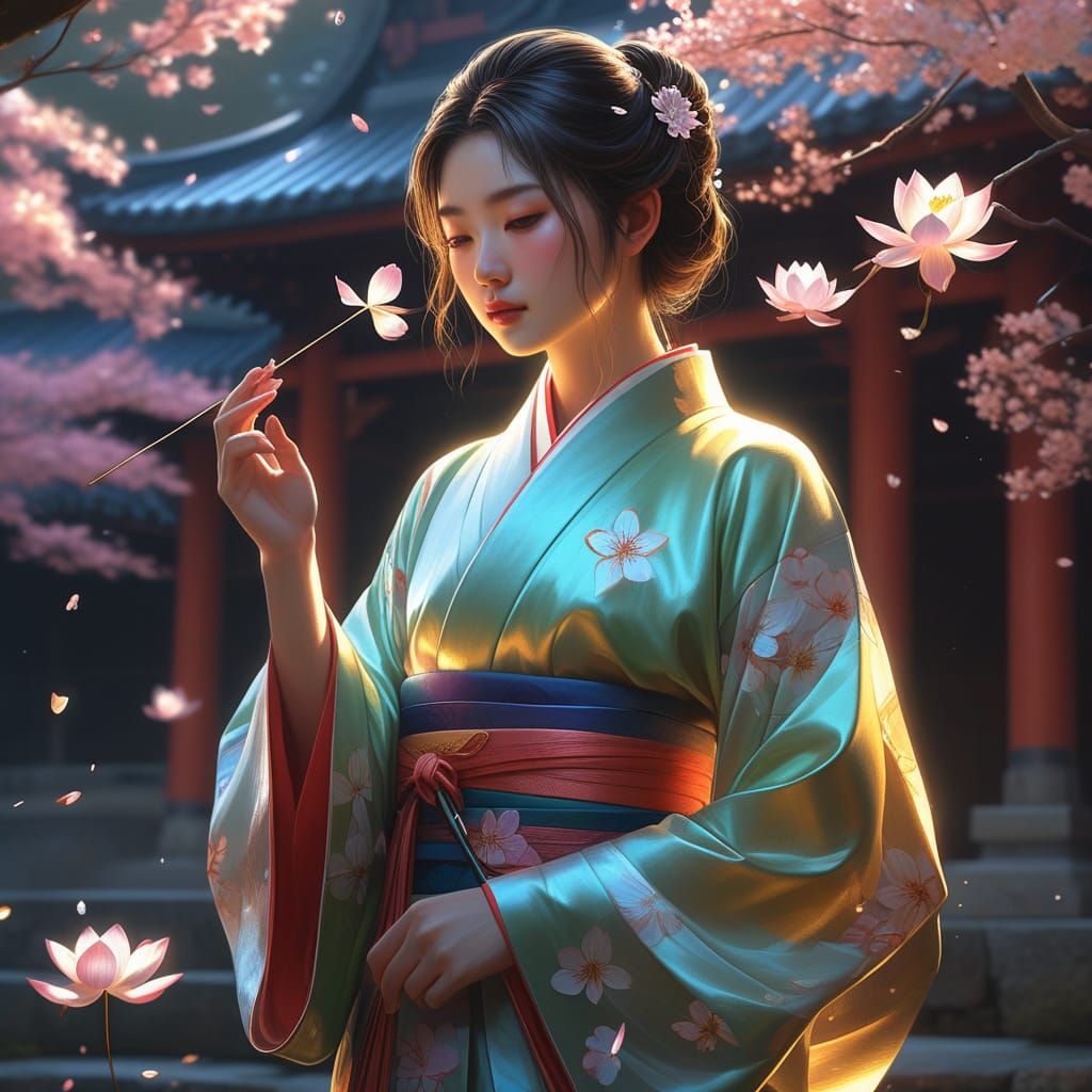 Japanese Maiden in Glass Kimono with Cherry Blossoms