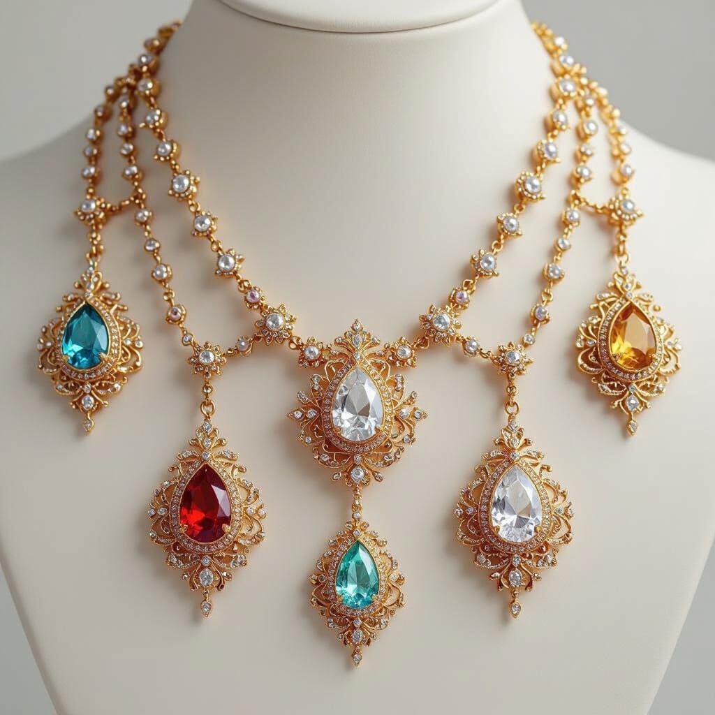 Seven Ornate Necklaces in Illustrative Style