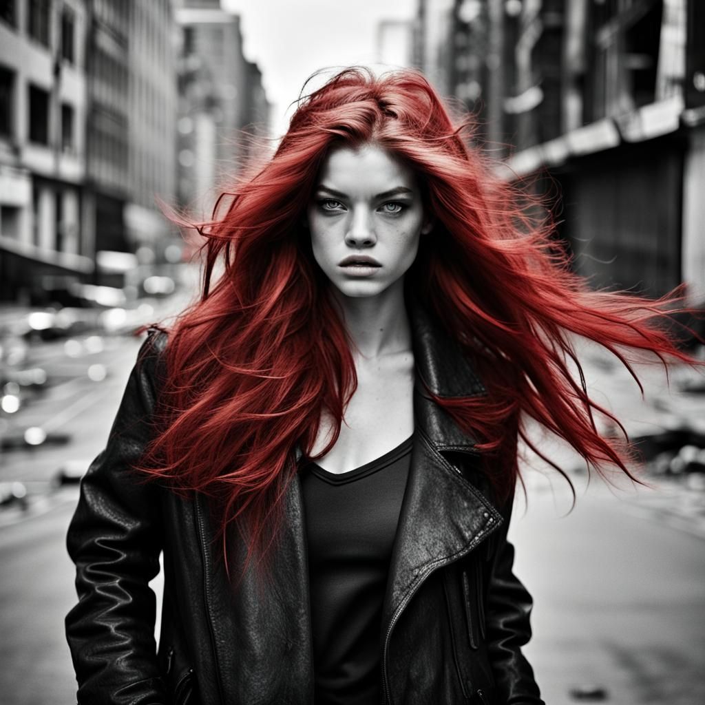 Apocalyptic Cityscape with Windswept Woman in Red