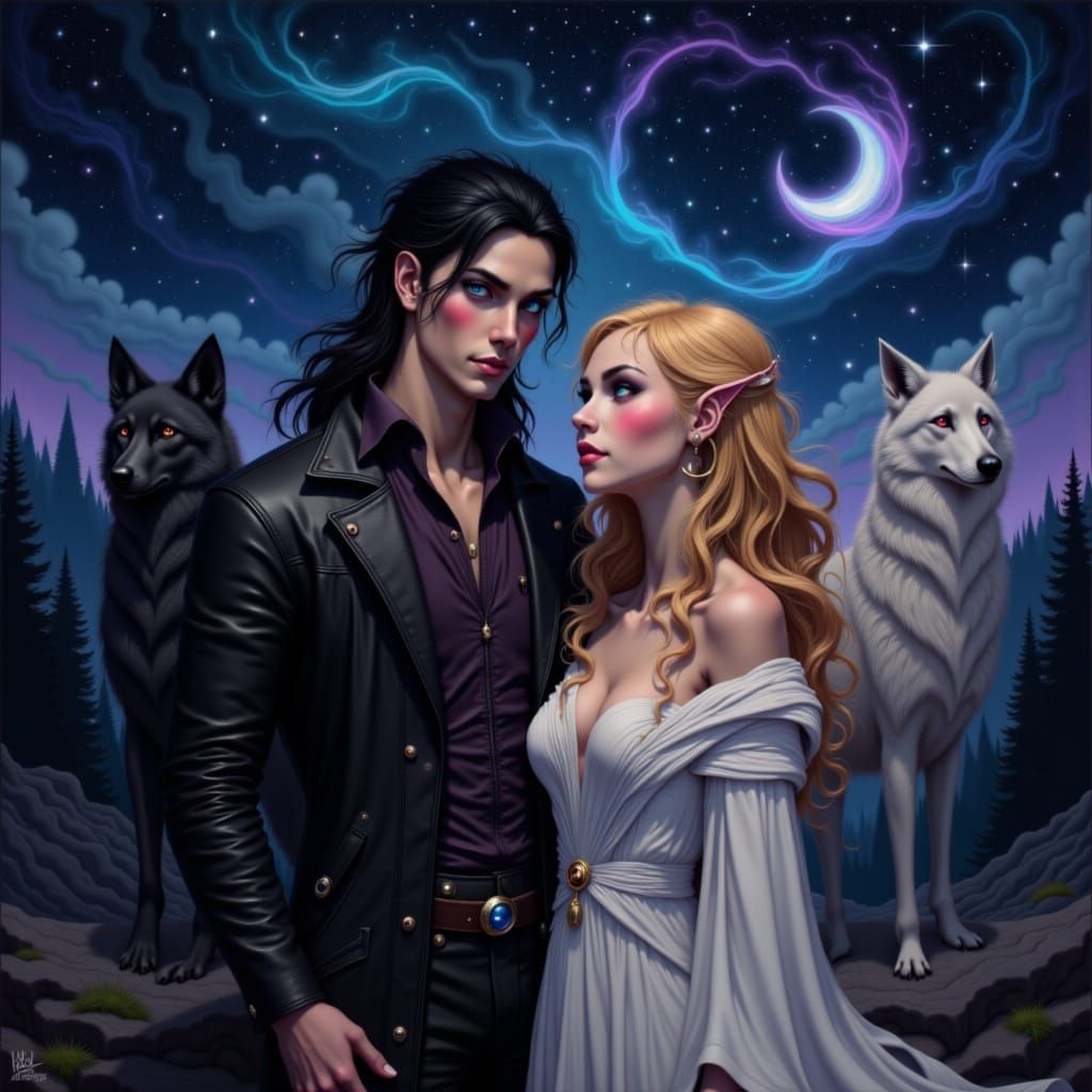 Ethereal Couple with Wolves Under Starry Night Sky