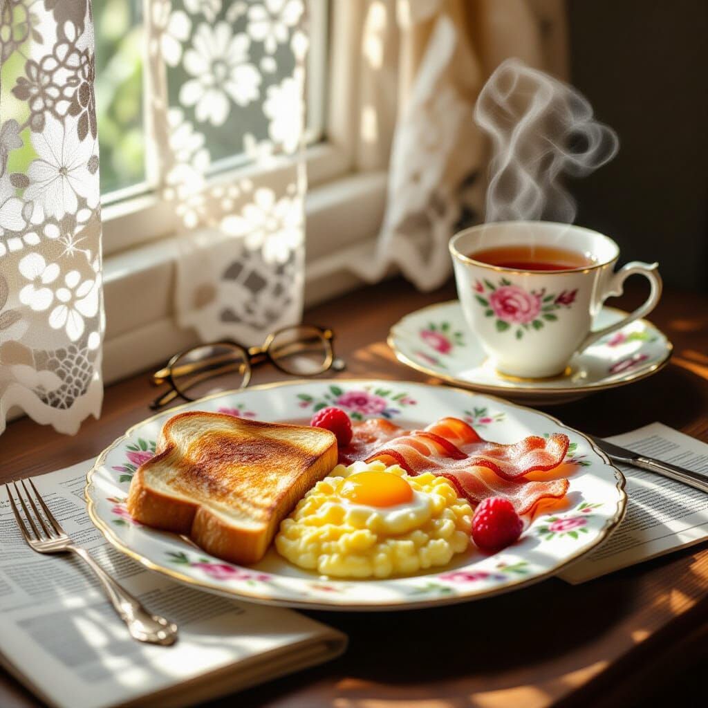 Golden Breakfast Scene with Sunlight and Lace Patterns