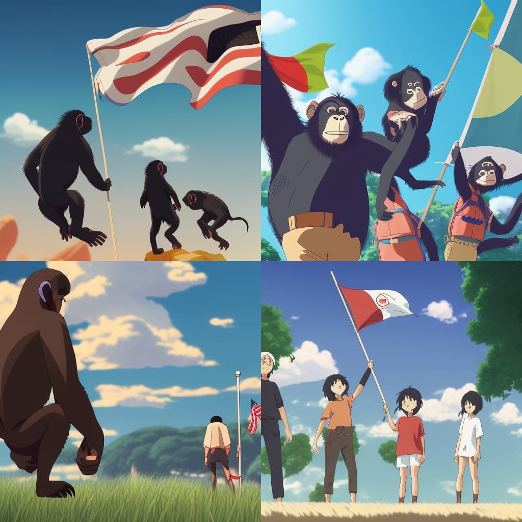 Chimpanzees Waving Flag in Anime Style
