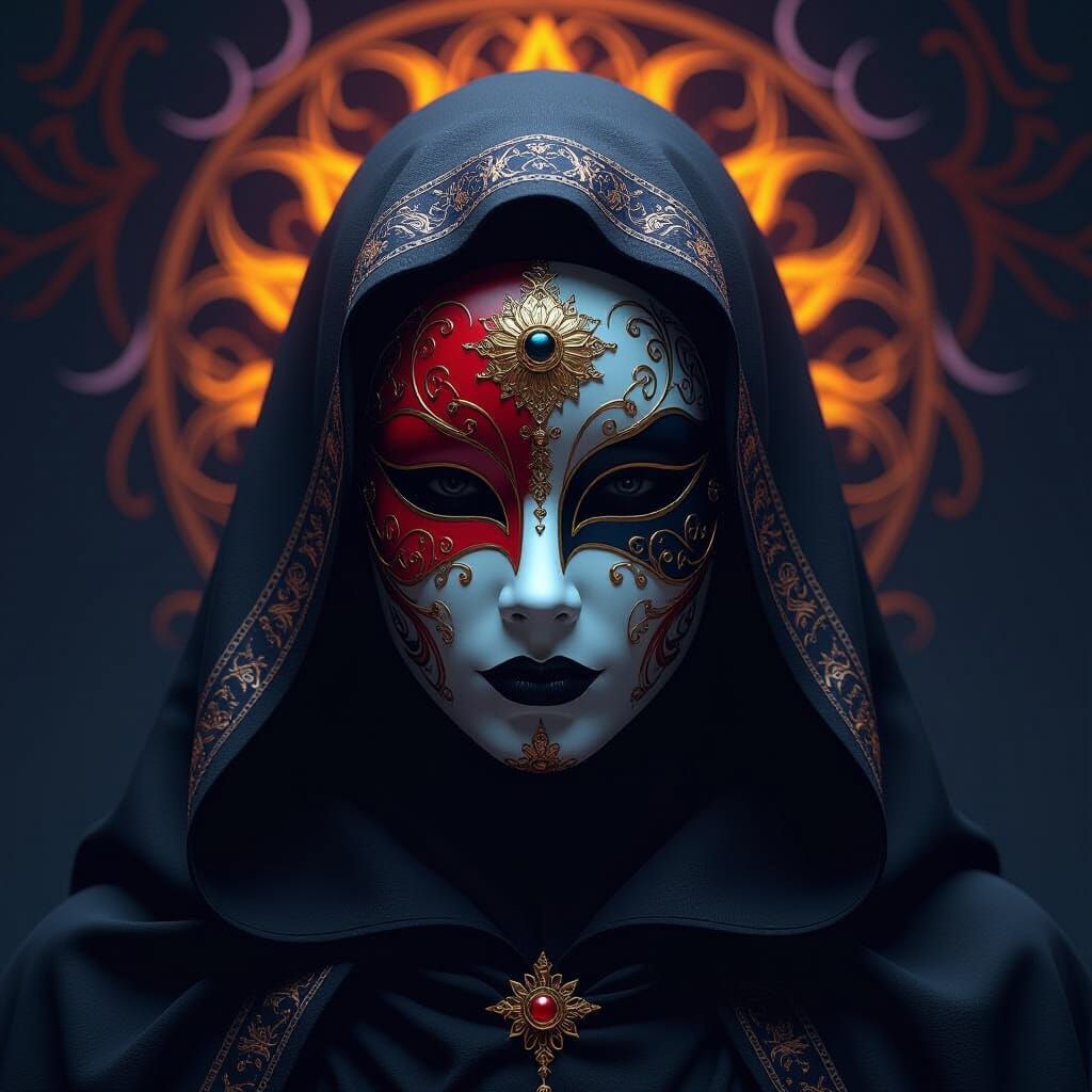 Ornate Masked Figure in Mystical Setting