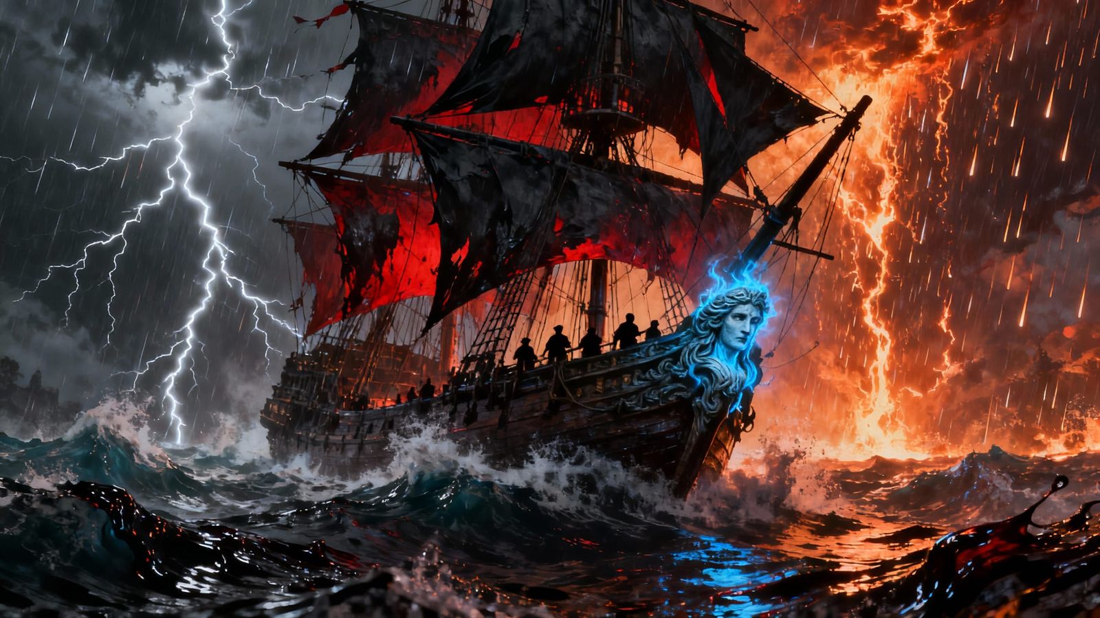 Galleon Battles Molten Rain Storm with Ghostly Figurehead