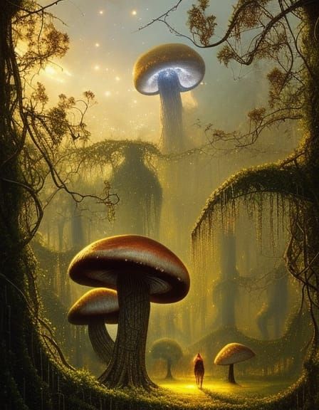 Giant Mushroom with Vines and Golden Fireflies