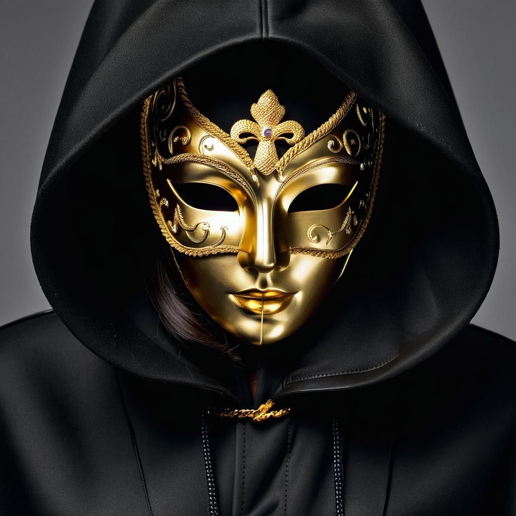Woman in Golden Mask and Black Hooded Coat