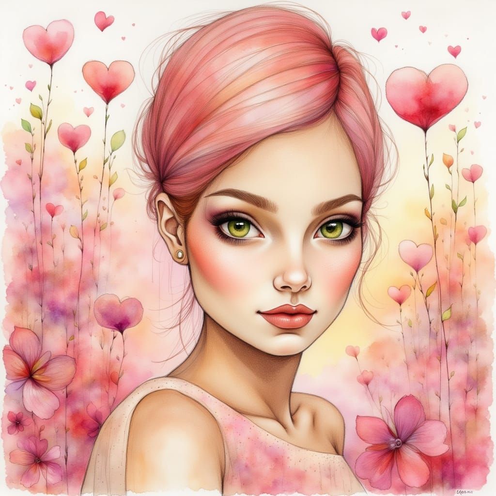 Pretty Woman with Green Eyes in Misty Sunrise