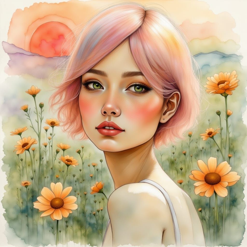 Pretty Woman with Green Eyes in Watercolor Sketch Style