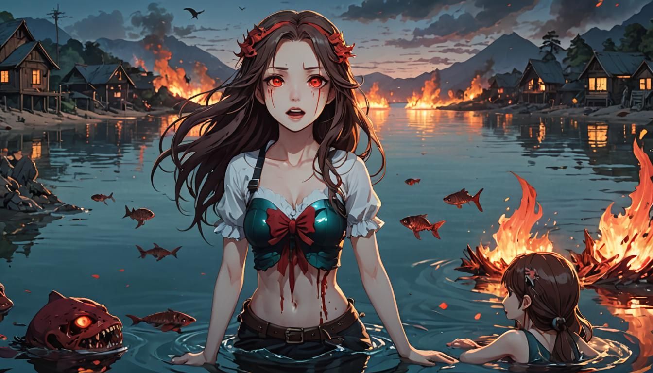 Anime Mermaid's Deadly Embrace on a Fiery Beach