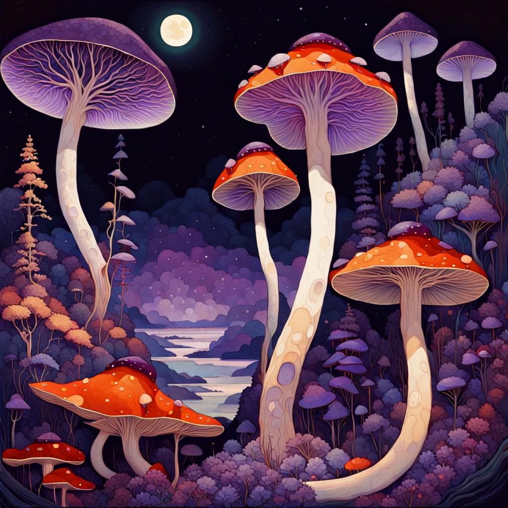 Amethyst Aurora Mushrooms with Ornate Moon