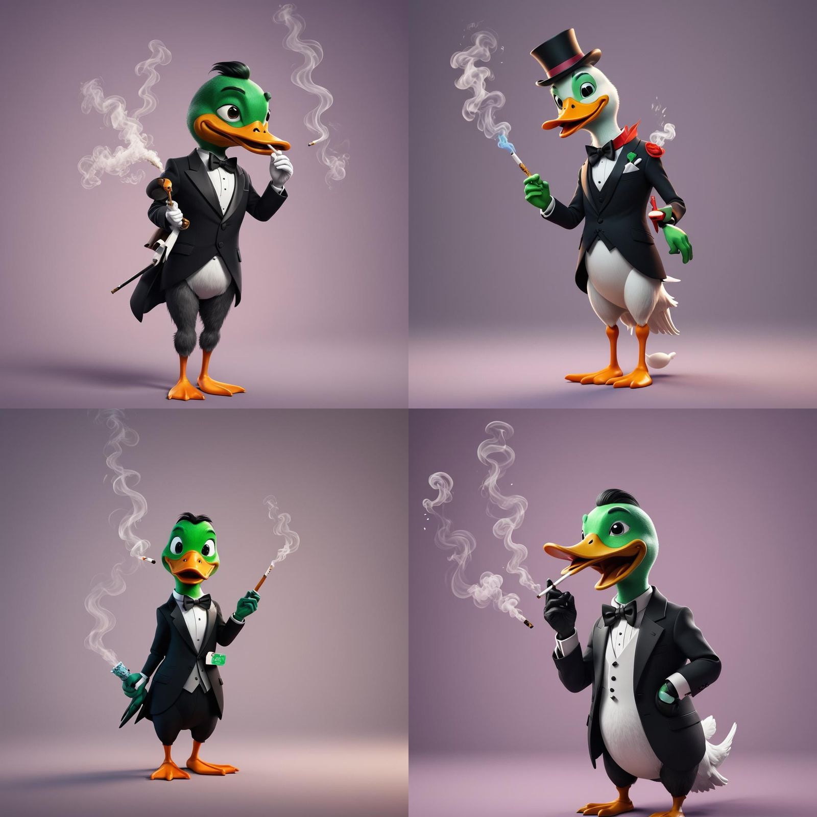 Duck in Tuxedo Smoking: Pixar-Style 3D Art