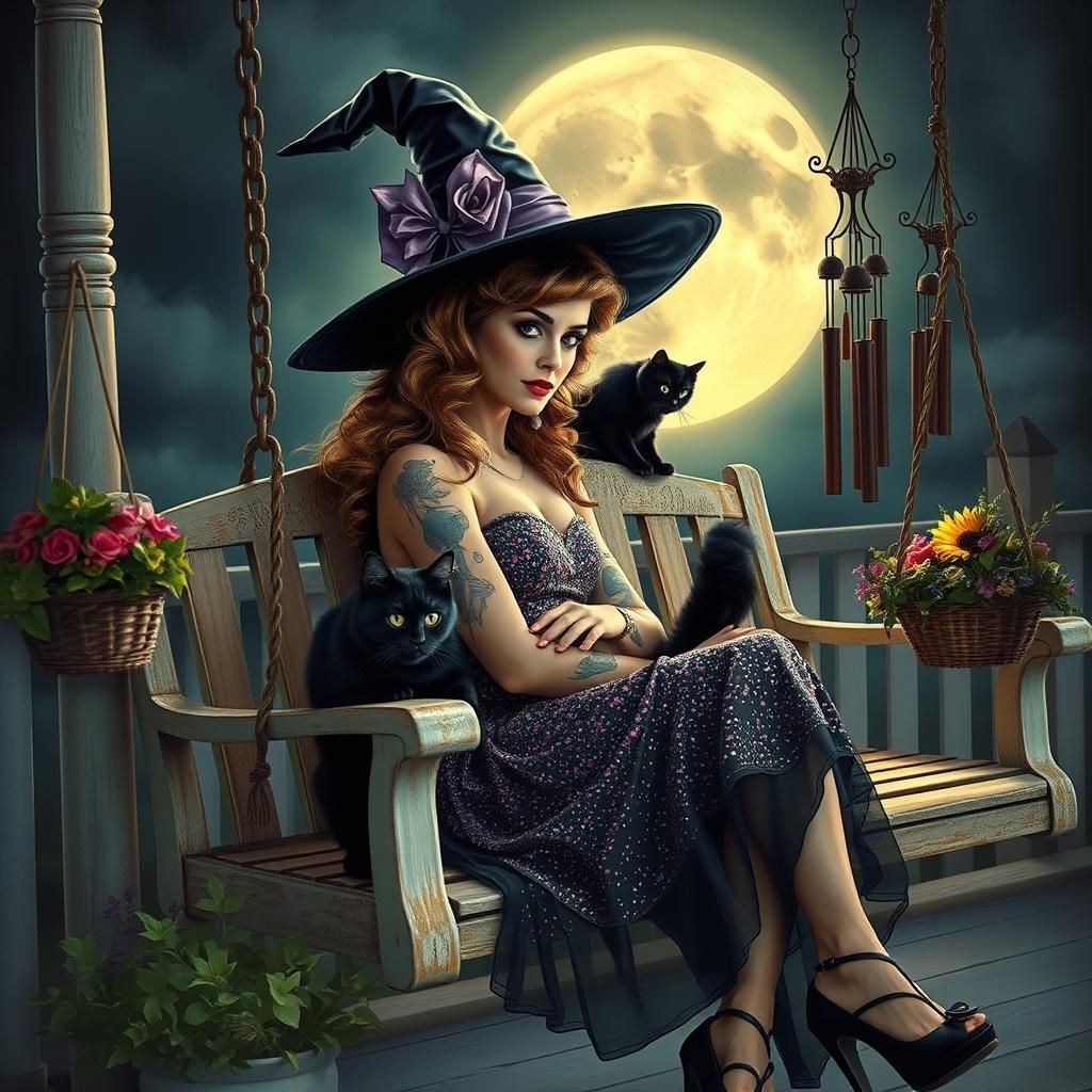 Retro Witch on Moonlit Porch Swing in Oil Painting