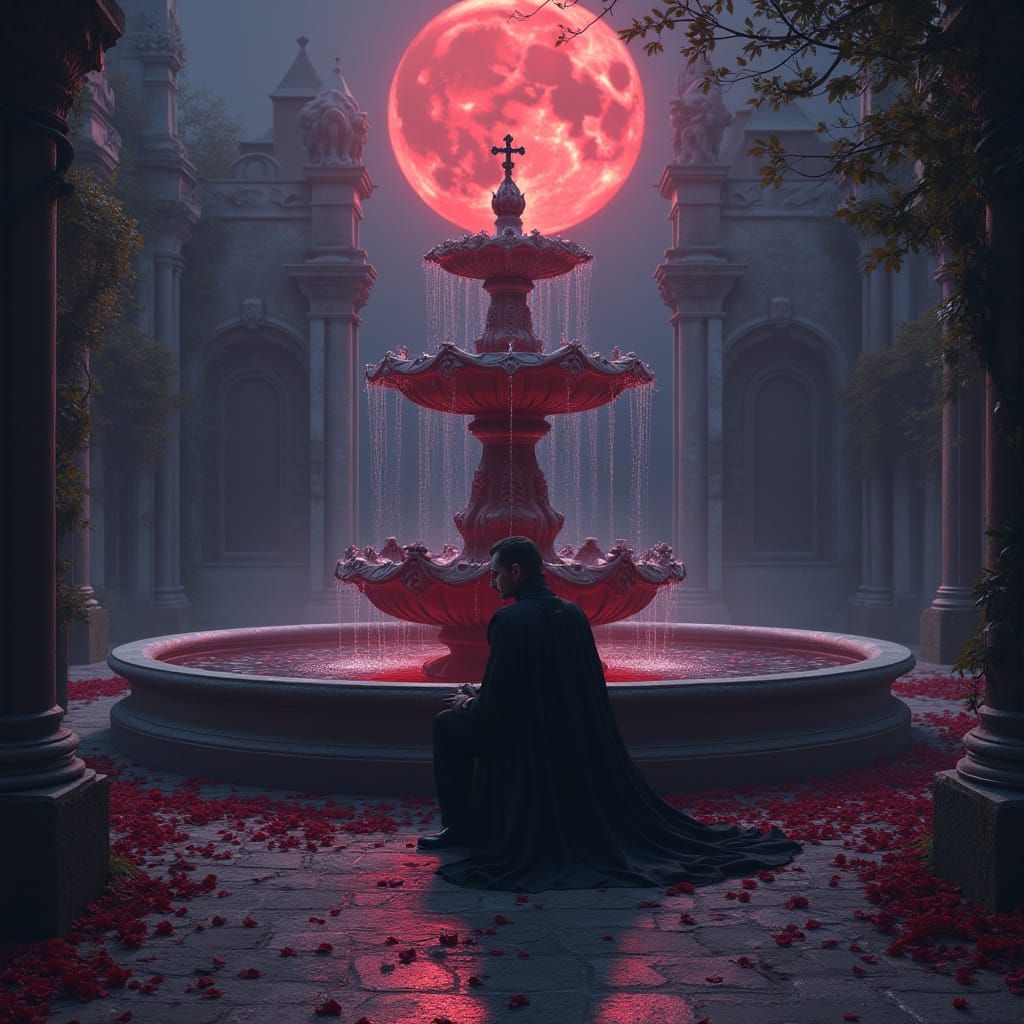 Gothic Vampire at Moonlit Fountain, Dark Fantasy Art