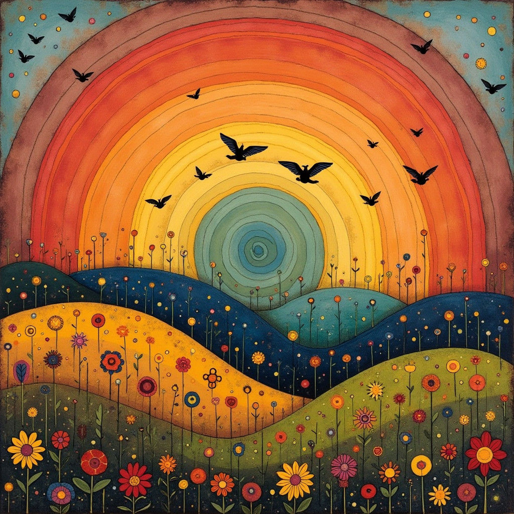 Folk Art Rainbow Landscape with Abstract Elements