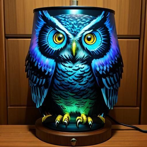 Iridescent Owl Lamp in Art Deco Style