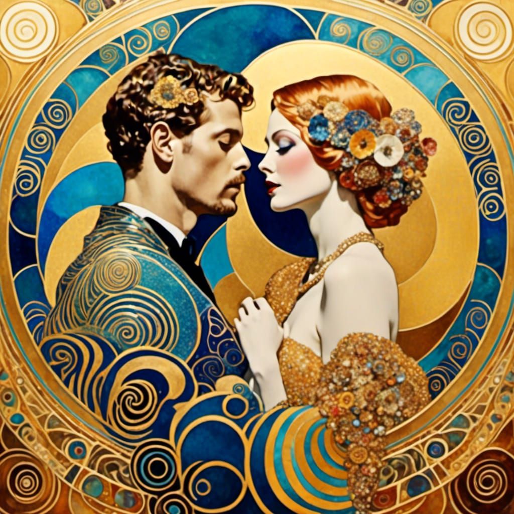 Psychedelic Couple in Love, Art Nouveau Style