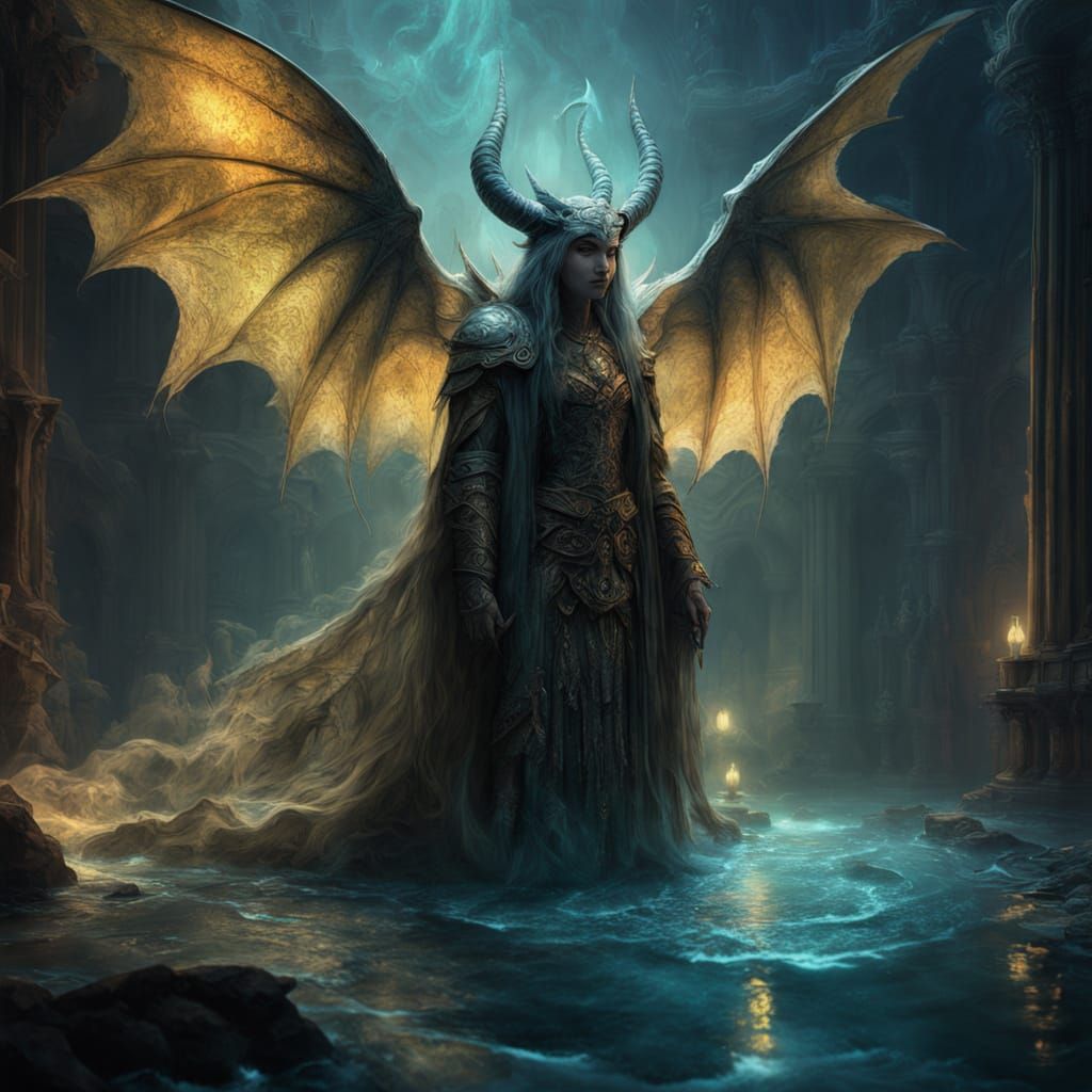 Mythical Woman Creature in Misty Pool, Fantasy Art