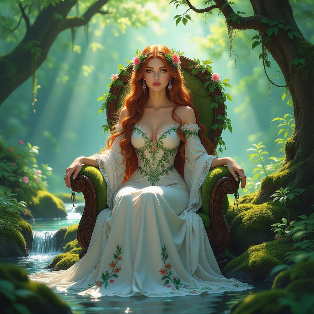 Forest Goddess on Moss Throne in Art Nouveau Style