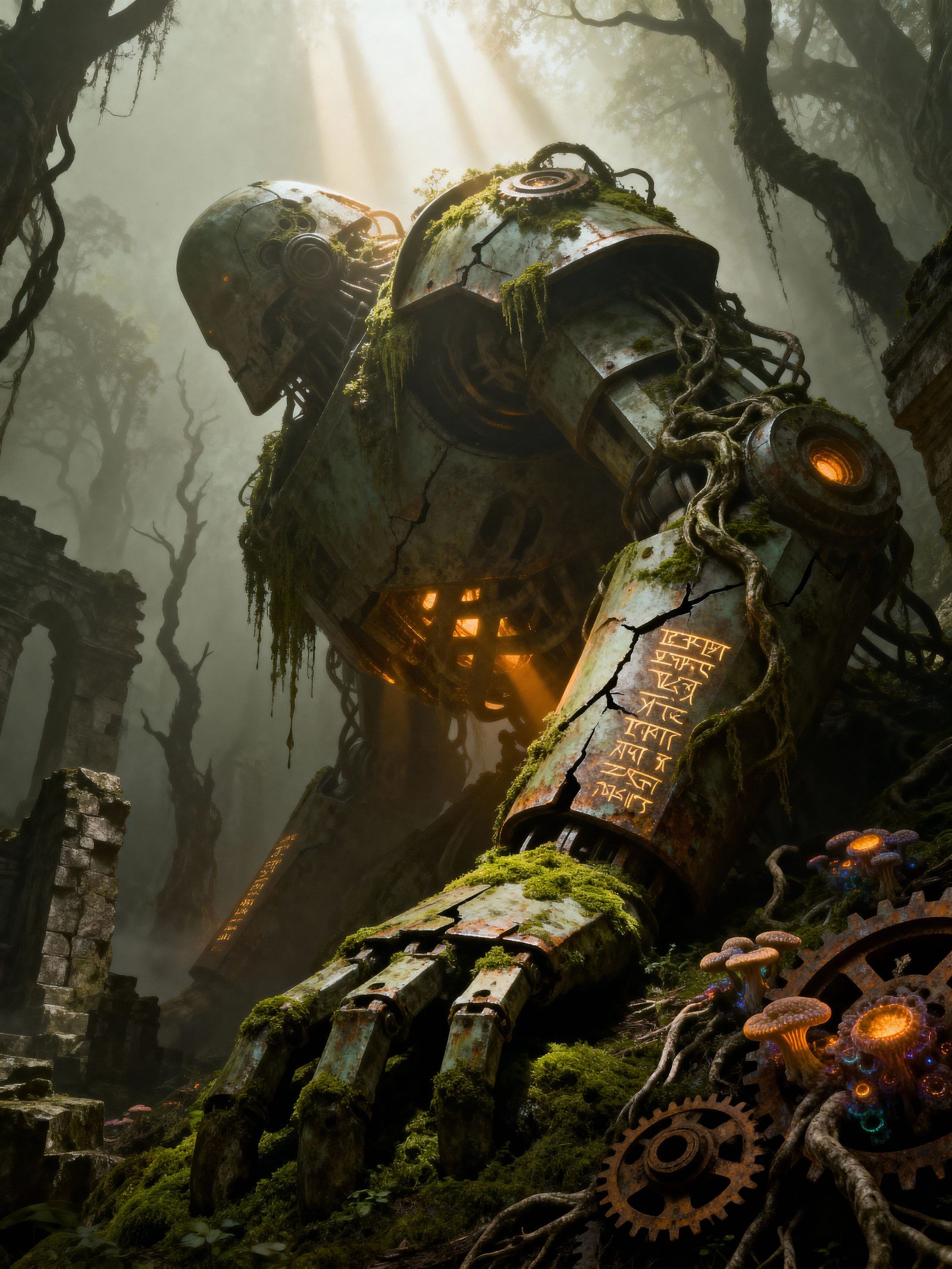 Ancient Automaton in Misty Forest - Dark Fantasy Concept Art