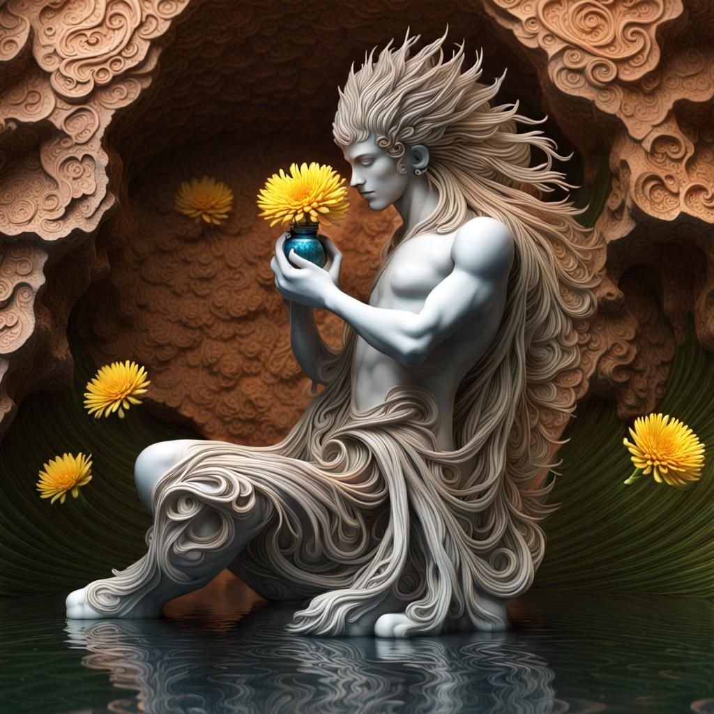 Earthy Male Sculpture with Floral Fractal Details