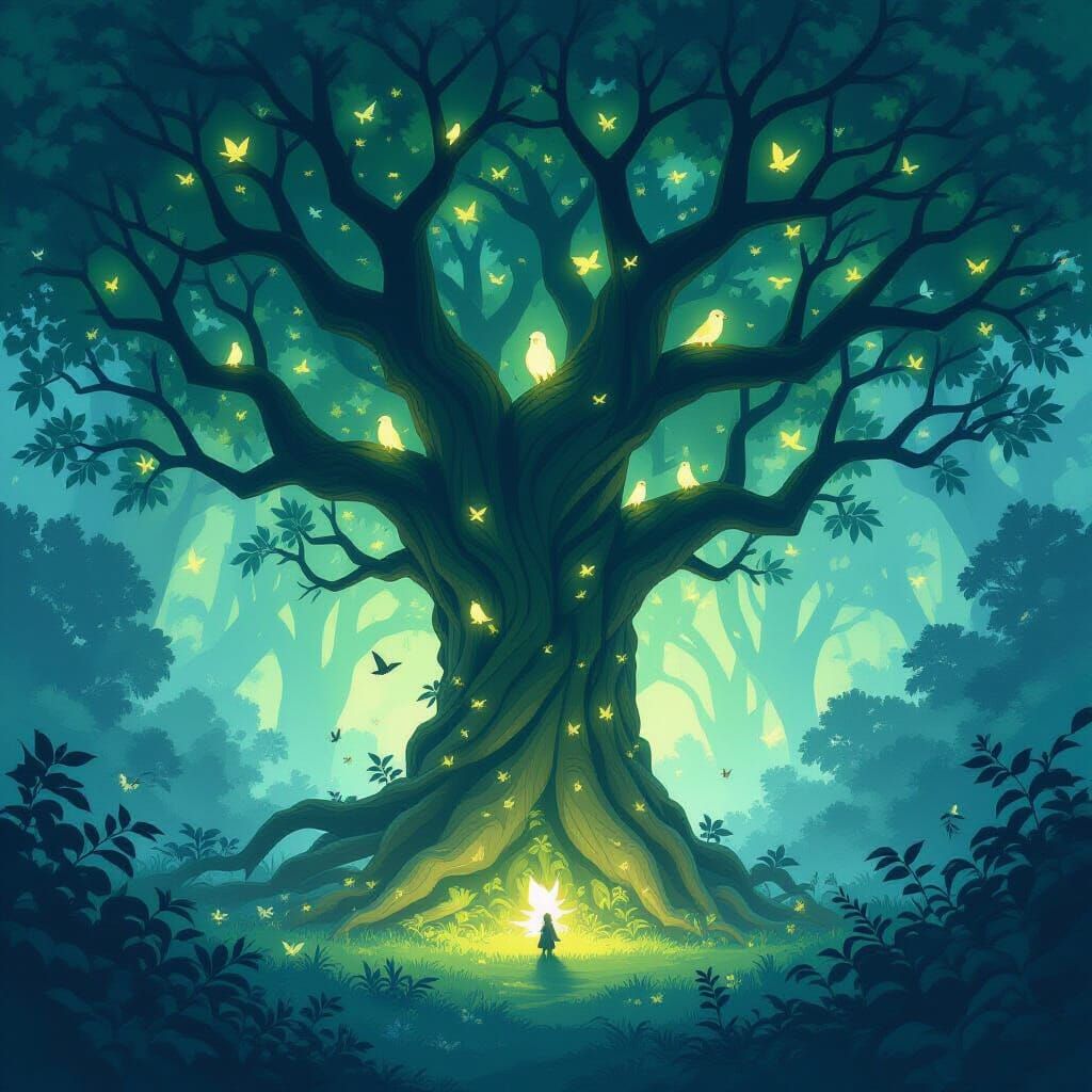 Ancient Bioluminescent Tree in Mystical Forest