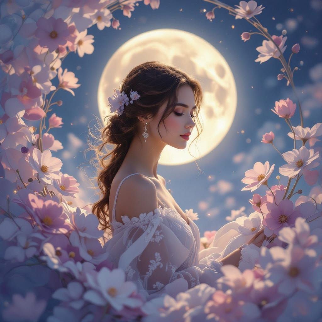 Woman in Moonlight Dreamscape: Soft Pastel Colors