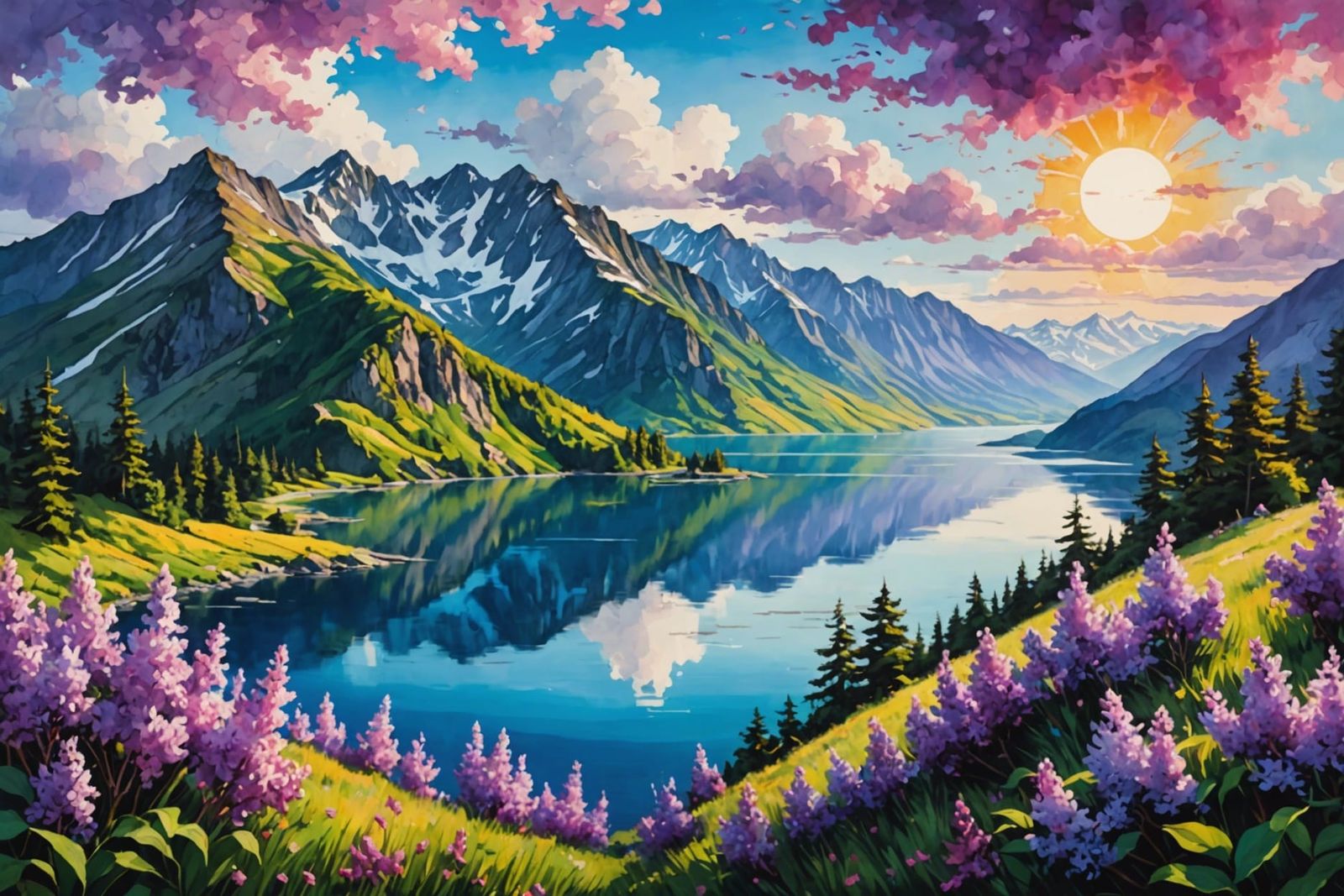 Lilac Field Landscape in Oil, Watercolor and Ink