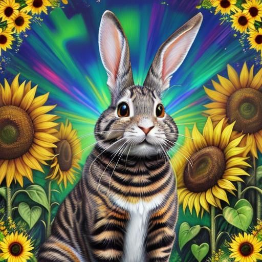 Psychedelic Rabbit with Sunflower in Van Gogh Style