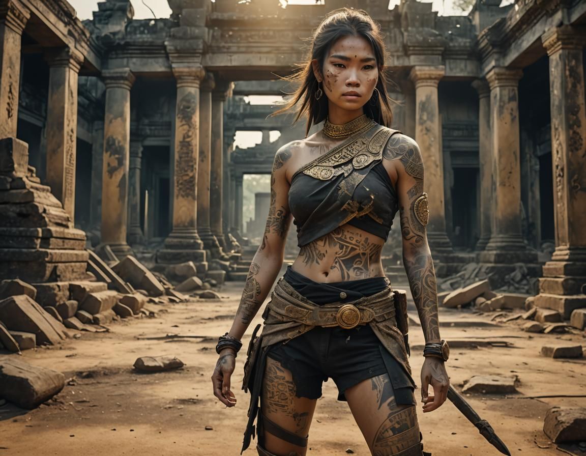 Elegant Warrior Embracing Ruins in Hyper-Realistic Digital A...