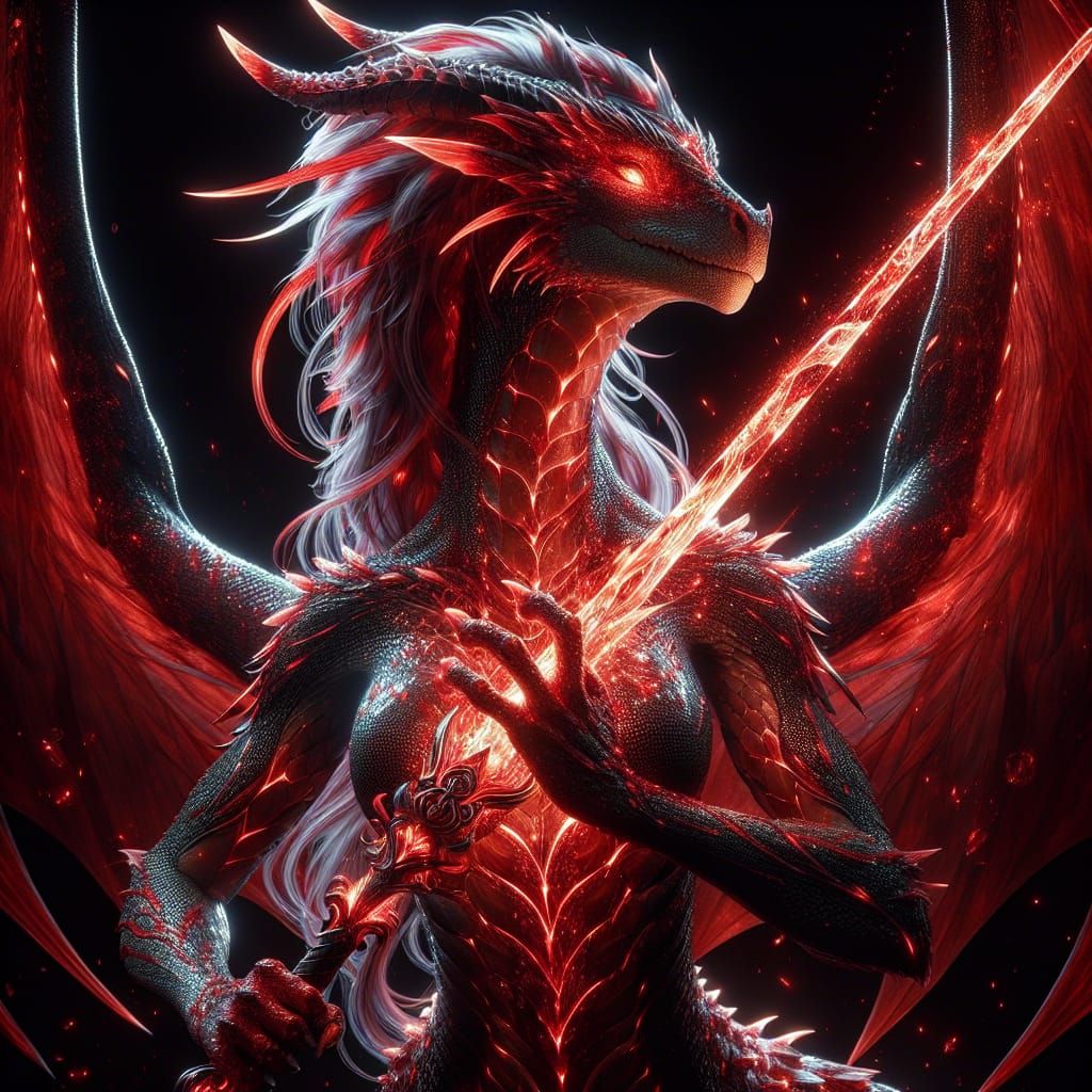 female red anthromorphic dragon wielding a red glowing intri...