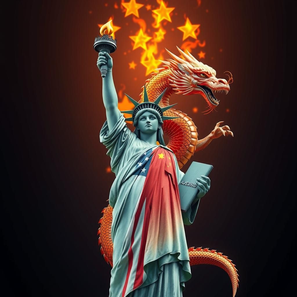 Statue of Liberty vs Chinese Dragon in Pixar Style