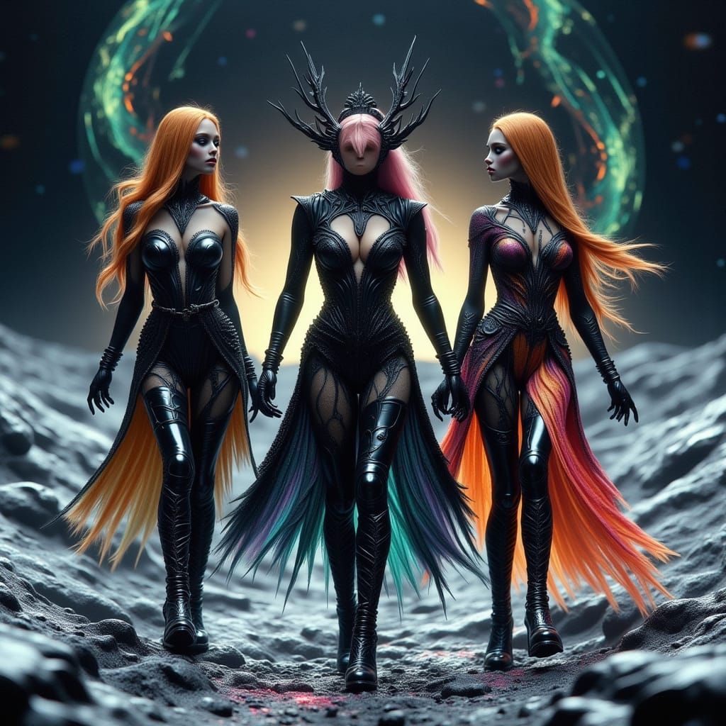 Alien Princesses Collecting Rocks on the Moon