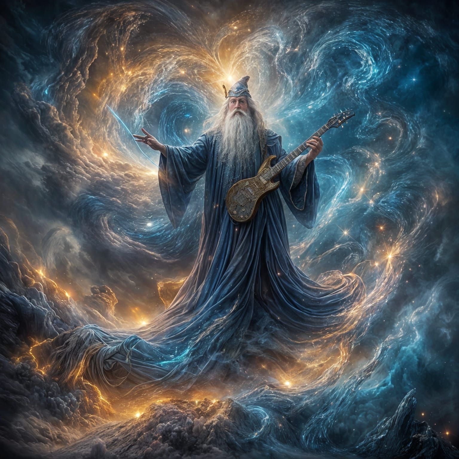 Wizard Plays Electric Guitar in Surreal Cosmic Scene