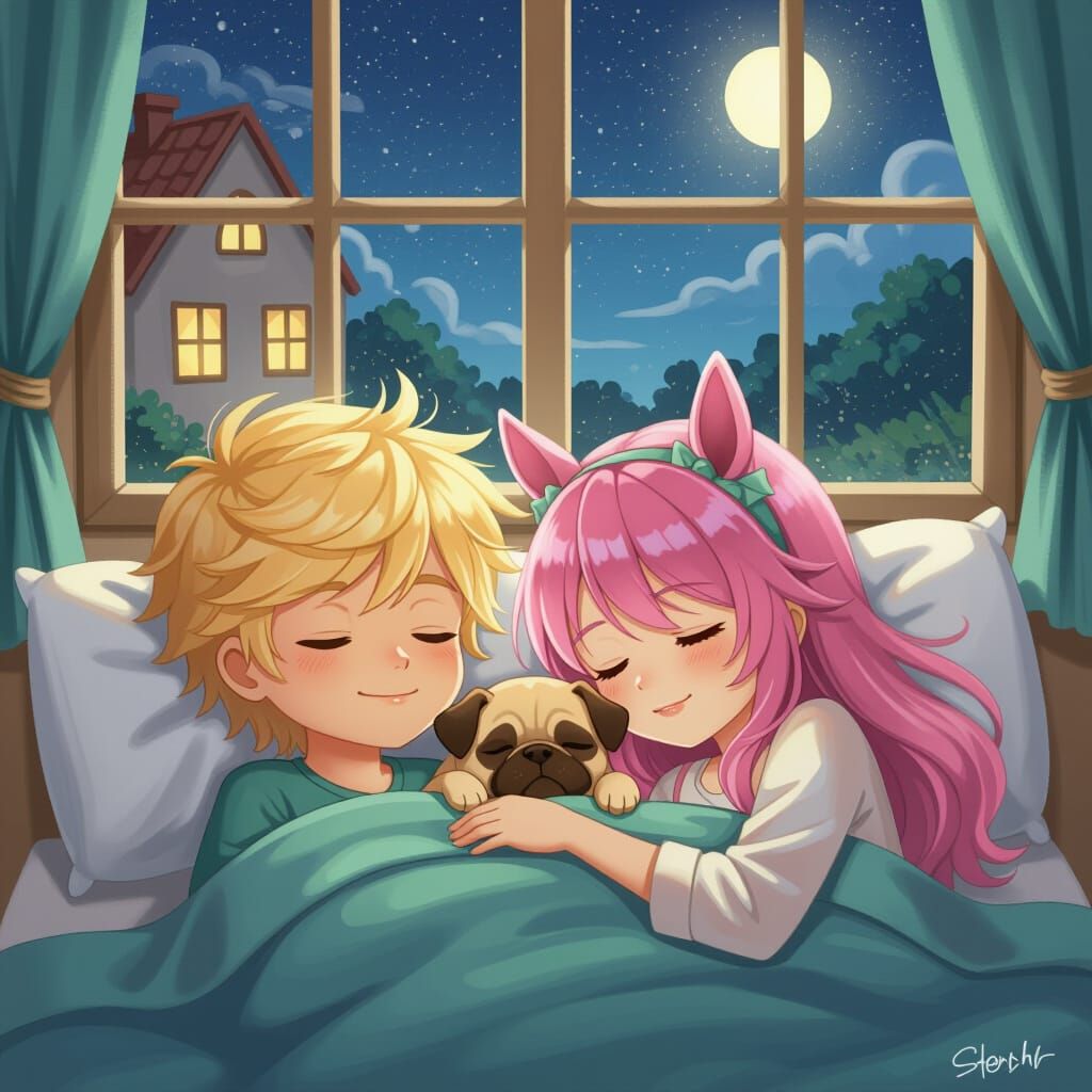 Anime Couple Sleeping with Pug Puppy in Mystical Sunlight