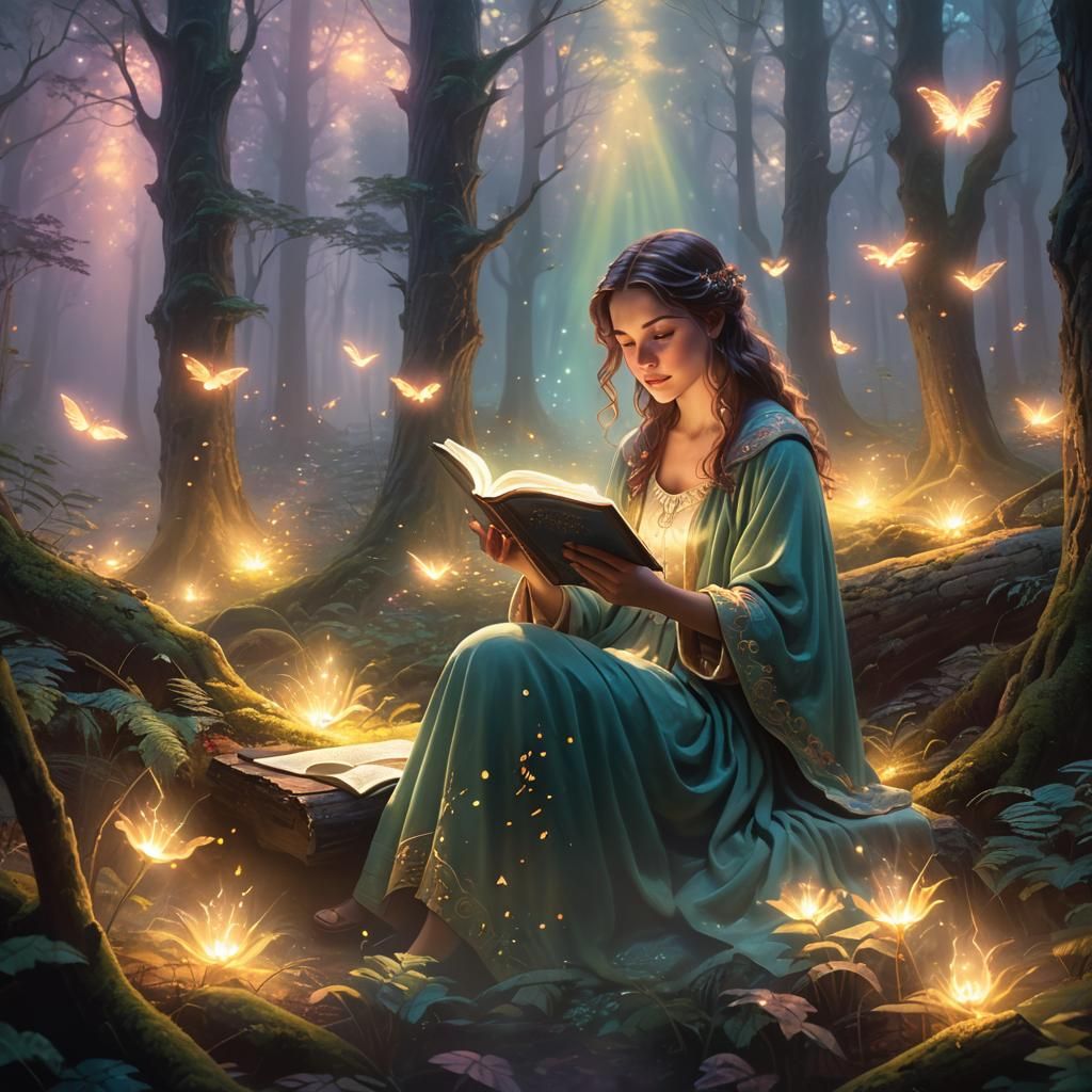 Woman Reading Glowing Book in Misty Forest