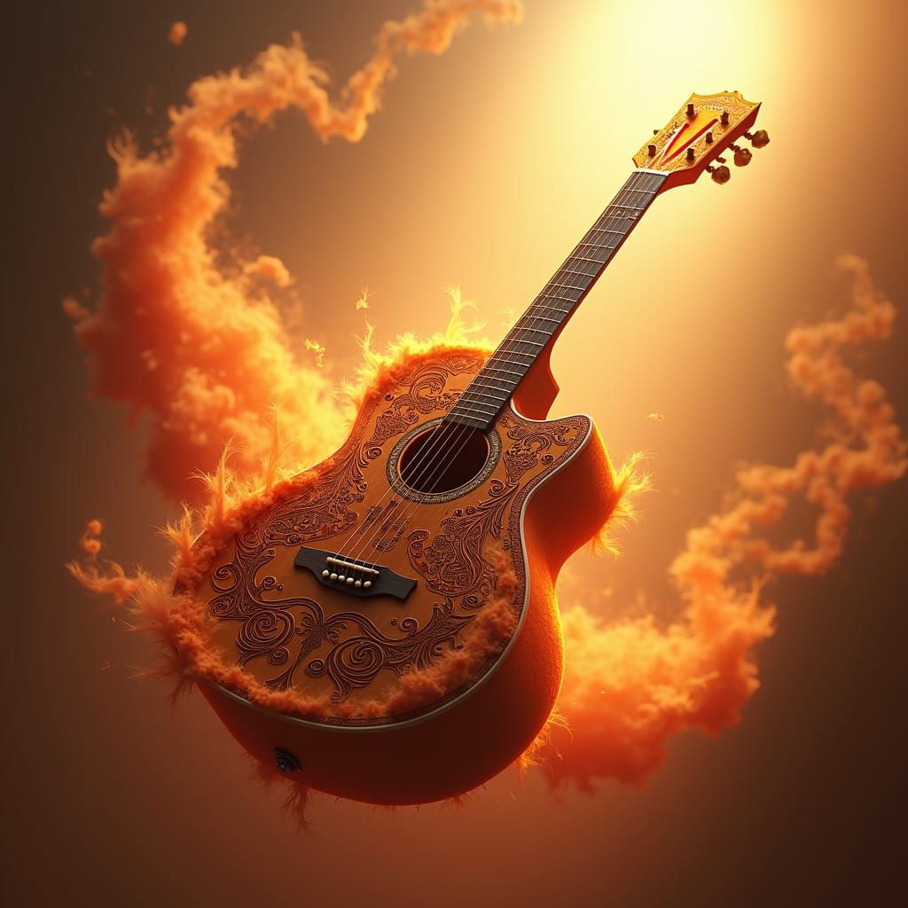 Ornate Acoustic Guitar in Dreamlike Orange Aura