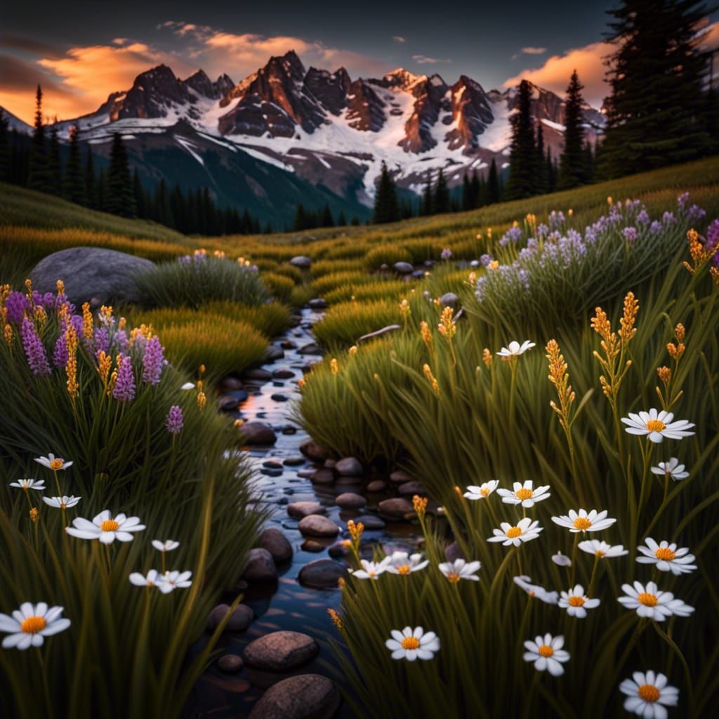 Mountain Meadow Sunrise: Hyperrealistic HDR Landscape